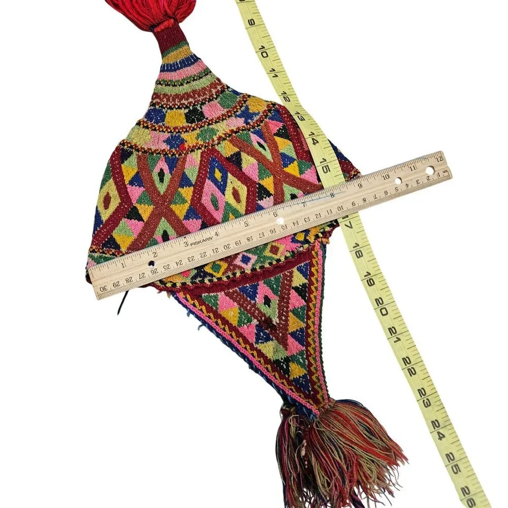 Vintage Hand Knit Tribal Wool Hat Colorful Geometric Patterns Tassels‎ Earflaps